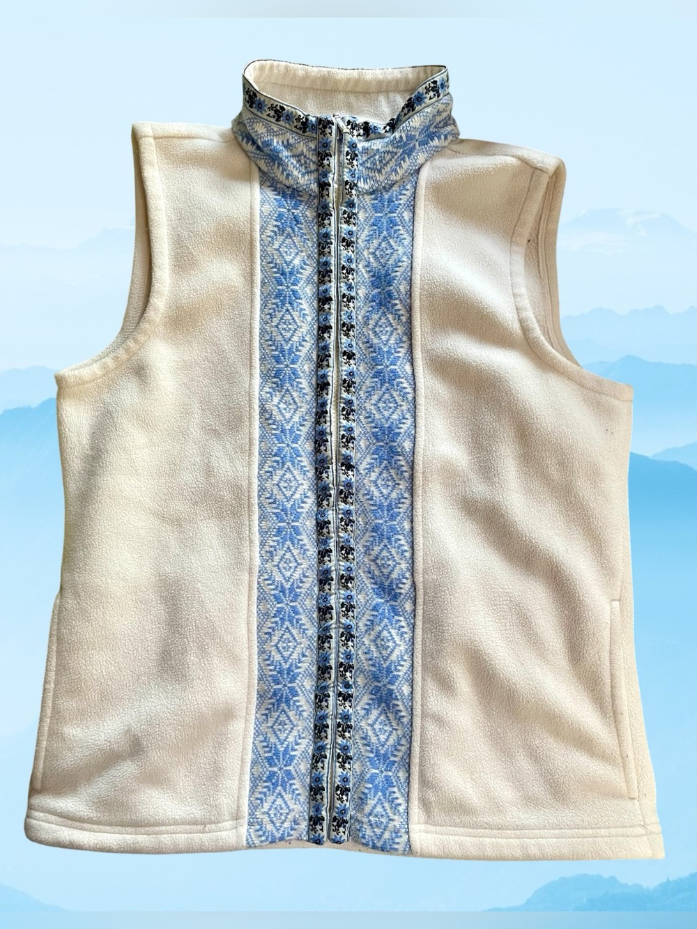 LL Bean Womens Size XS Full Zip Vest Off-White Fleece Swiss Inspired Blue Design